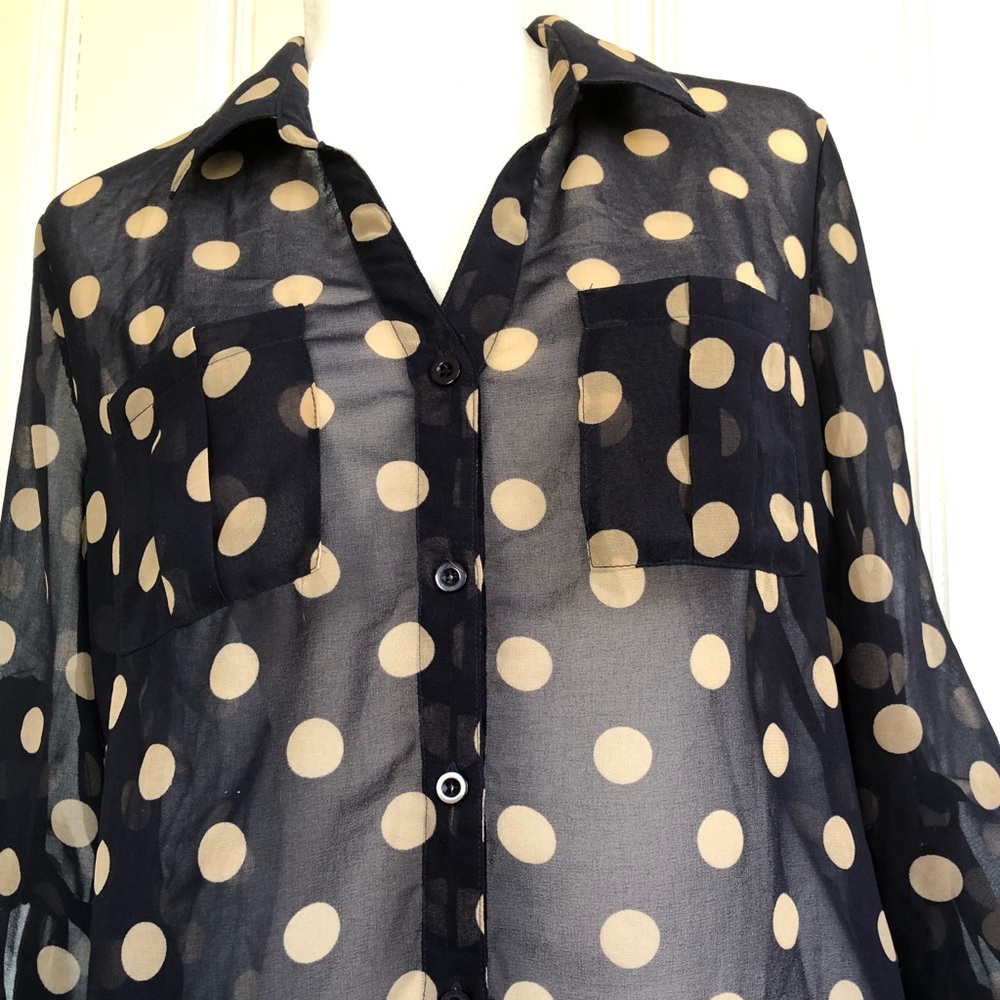 Dark blue blouse with tan polka dots - Picture 4 of 5